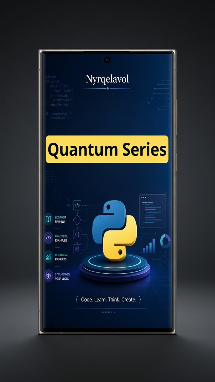 A smartphone centered on a dark studio background, displaying a digital cover for 'Nyrgelavol Quantum Series' with a large yellow title banner and a blue-and-yellow Python logo on the screen.