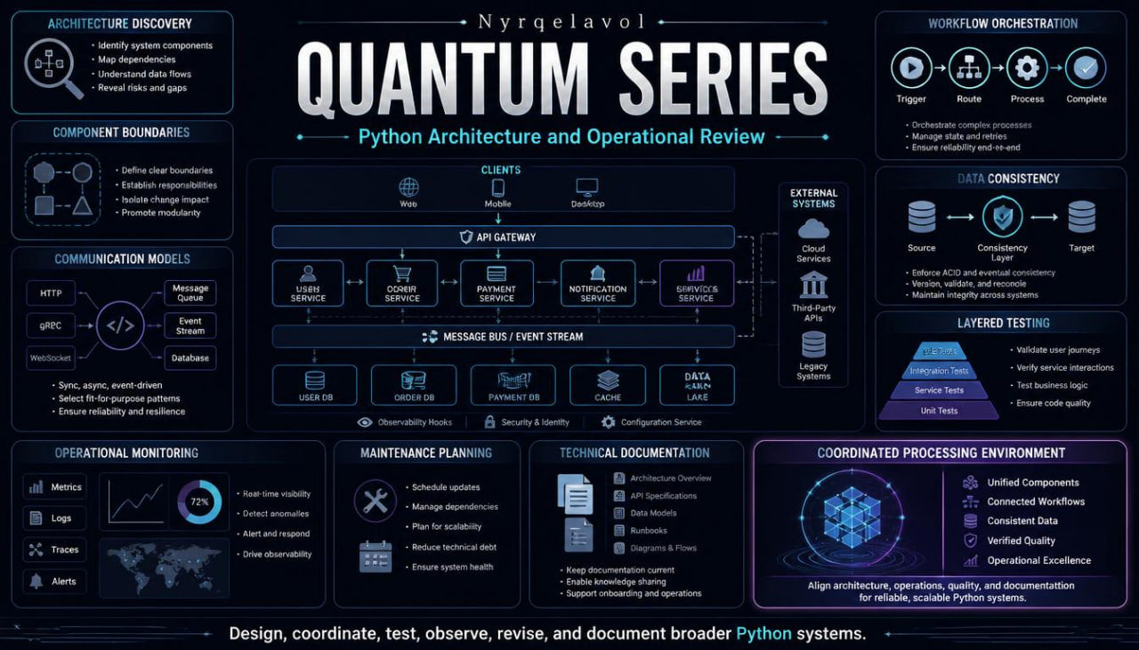 A dark navy technical infographic titled 'Quantum Series' with multiple labeled boxes, diagrams, and text blocks about Python architecture and operational review, including architecture discovery, component boundaries, communication models, operational monitoring, and consistency.