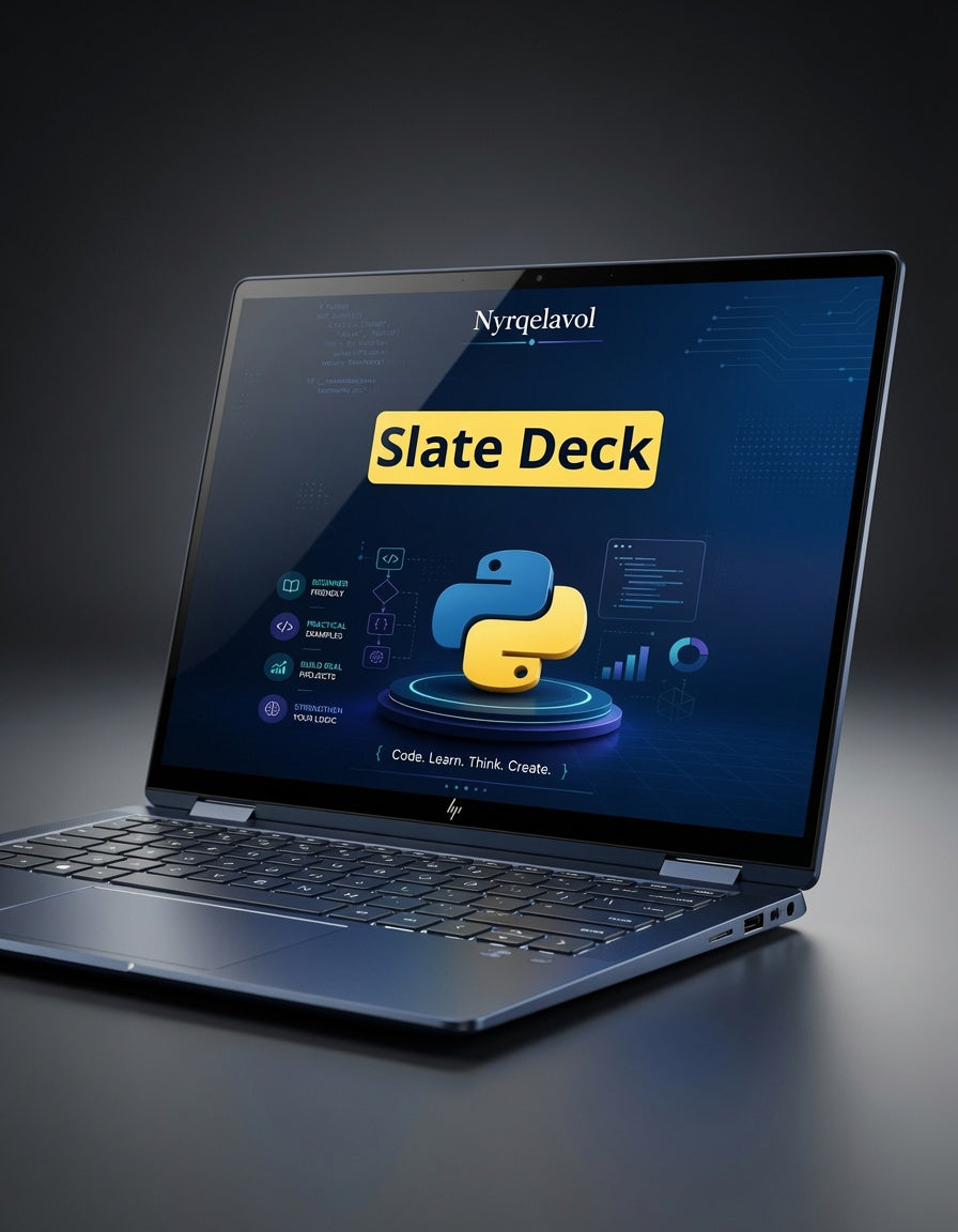 A dark gray laptop on a reflective surface, displaying the 'Nyroclavol Slate Deck' software interface on its screen.