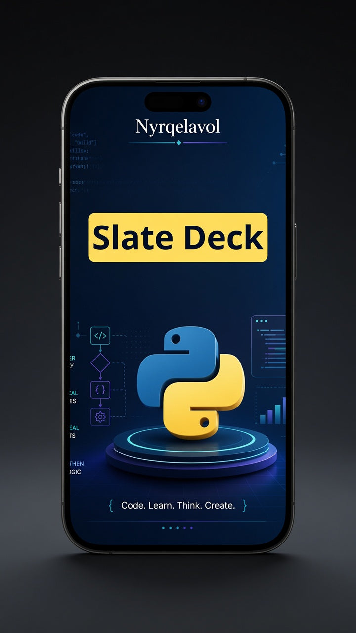 A smartphone centered on a dark background, displaying a digital app or deck cover titled 'Slate Deck' with the Nyrqelavol name at the top and a blue-and-yellow Python logo on the screen.